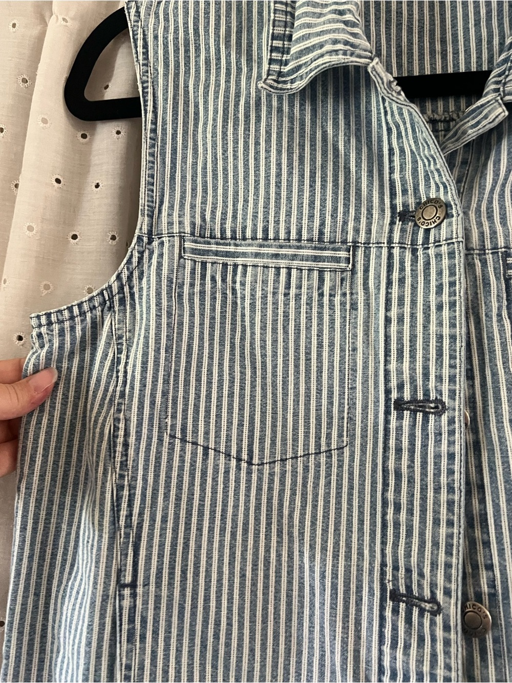 Chico's Blue and White Striped Sleeveless Button-Down Vest - Picture 4 of 8